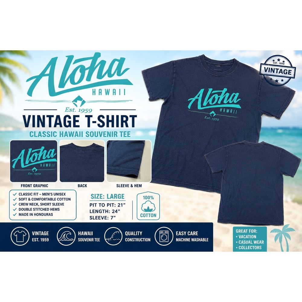 Aloha Hawaii Est 1959 Navy Blue Teal Graphic T-Shirt Mens Large Short Sleeve Tee